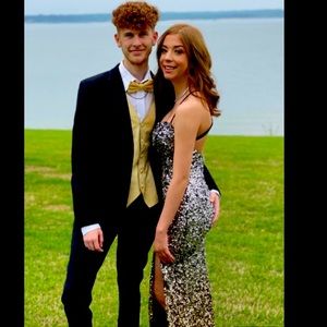 B Darlin Prom dress black silver to hold. 3/4.